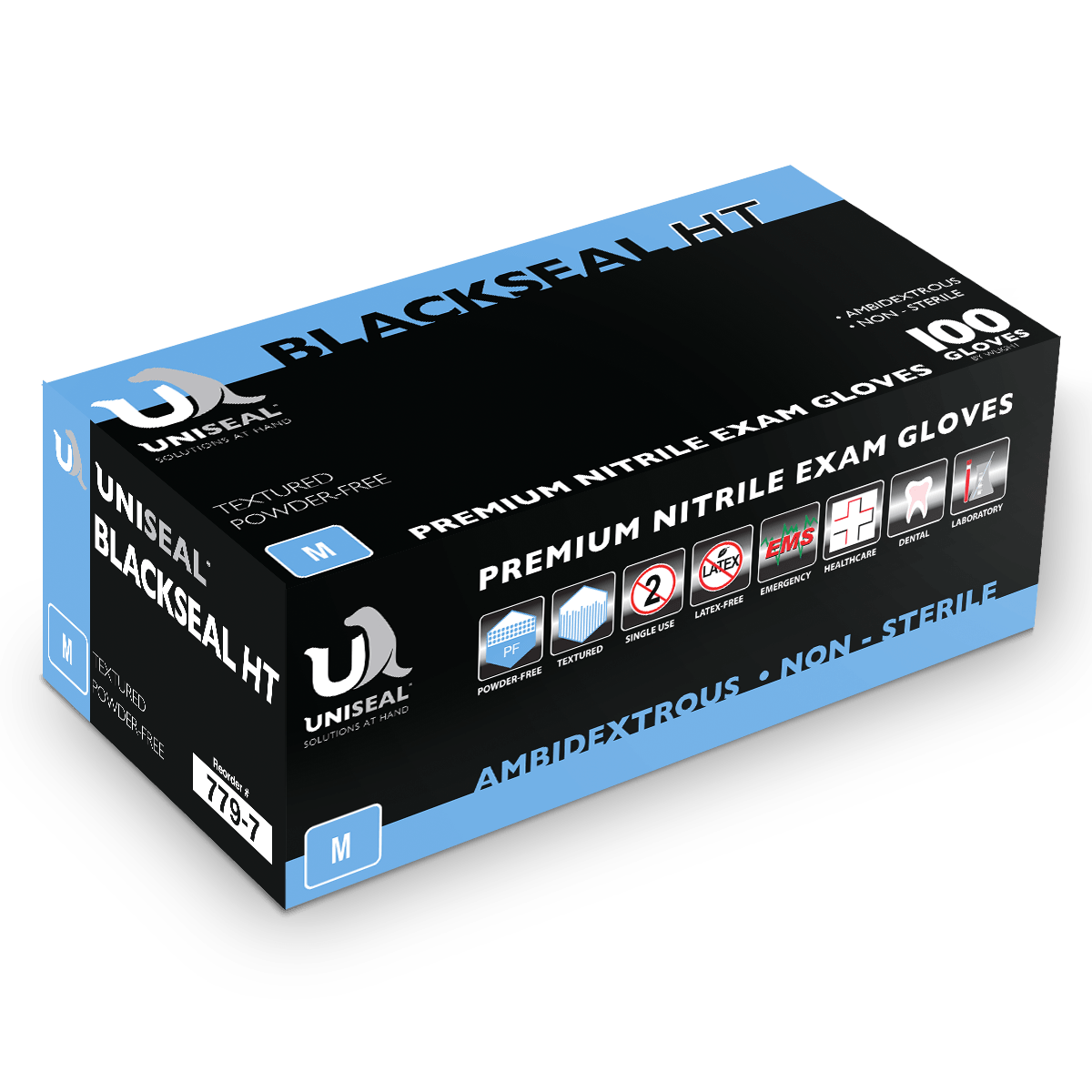 100 pair Medium UniSeal Black Seal Premium Nitrile Powder Free Textured Exam Gloves 
